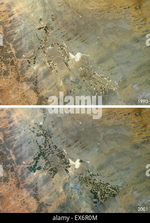 Vista satellitare dell'Agricoltura nel deserto nella regione di Tabuk, Arabia Saudita nel 1990 e 2001. Questa prima e dopo l'immagine mostra Foto Stock