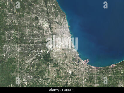 Colore immagine satellitare di Chicago, Illinois, Stati Uniti d'America. Immagine presa sul 15 agosto 2014 con il satellite Landsat 8 dati. Foto Stock