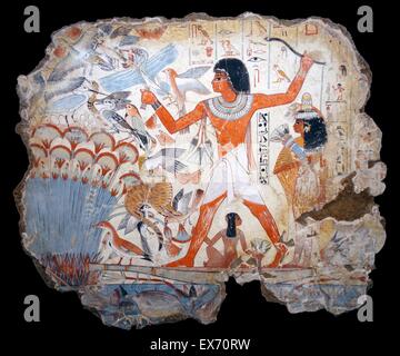 Fowling nelle paludi: frammento di pittura murale della tomba di Nebamun, 1350BC. Foto Stock