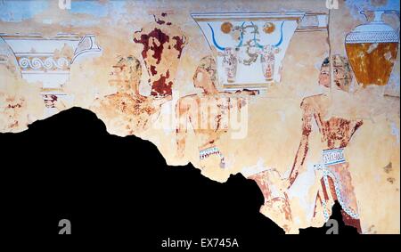 Acquerello di un egiziano a muro dipinto dalla tomba di Senmut mostra minoici (Aegeans) che trasportano oggetti preziosi, come doni per il faraone. Durante i regni di Hatshepsut e Thutmosi III (1473-1425 a.C.) Foto Stock
