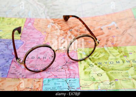 Occhiali su una mappa degli Stati Uniti d'America - Idaho Foto Stock
