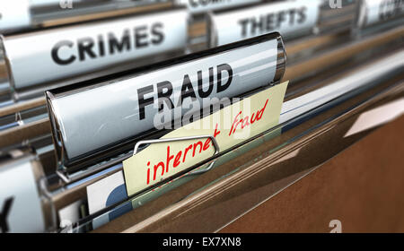 Chiudere fino a un file tab con il testo la frode più una nota in cui è scritto a mano frodi su internet. Effetto di sfocatura. Concetto di immagine per i Foto Stock