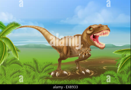 Una illustrazione di una media cercando Tyrannosaurs dinosauro Rex in uno sfondo preistorico Foto Stock