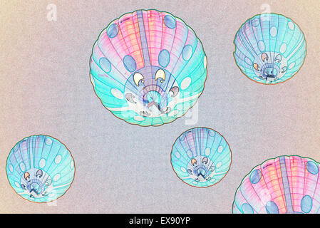 Una foto di un certo numero di palloncini volare sopra la testa Foto Stock