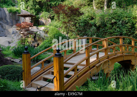 Moon Bridge situato nel Giardino Giapponese di Maymont Park, situato a Richmond, VA USA. Foto Stock