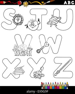 Bianco e Nero Cartoon illustrazione di lettere maiuscole alfabeto con oggetti per bambini istruzione da S a Z per la colorazione di Bo Illustrazione Vettoriale