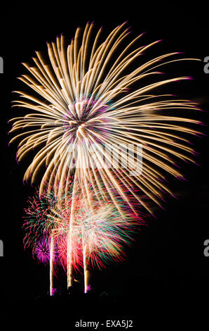 Un'immagine di esplodere i fuochi d'artificio di notte. Rappresenta una celebrazione. Foto Stock