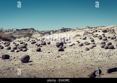 Pietre sferica formata dal moto vorticoso nel vento in Ischigualasto Parco Provinciale, Valle de la Luna (a valle della luna) Foto Stock