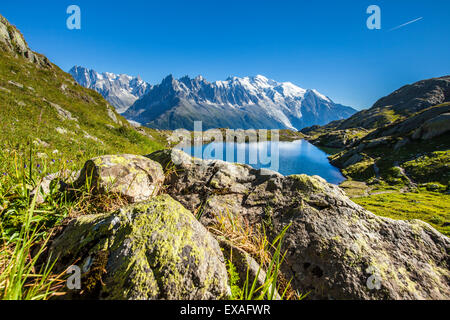 Mont Blanc gamma visto da Lac des Cheserys, Aiguille Vert, Haute Savoie, sulle Alpi francesi, Francia, Europa Foto Stock