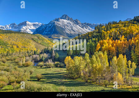 Colori autunnali di strada 7, gamma Sneffle in background, nei pressi di Ouray, Colorado, Stati Uniti d'America, America del Nord Foto Stock