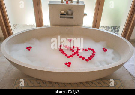 Bagno romantico con vasca che è riempito con bolle e rose in forma di due amore harts Foto Stock