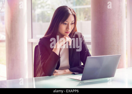 Donna che utilizza il computer portatile Foto Stock