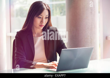 Donna che utilizza il computer portatile Foto Stock