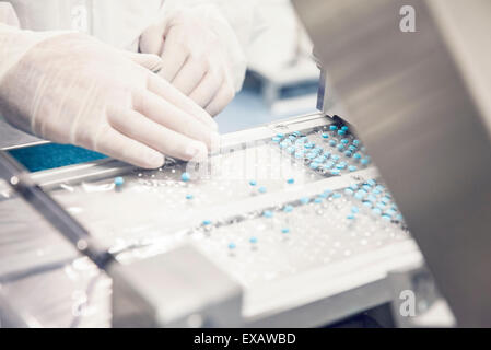 Lavoratore immissione pillole nel tablet Vassoi spostamento lungo il nastro trasportatore Foto Stock