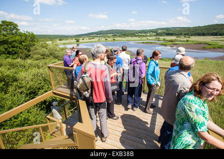 I visitatori di Leighton Moss godendo la Sky Tower antenna piattaforma di visualizzazione che si affaccia sulla riserva naturale da treetop altezza Foto Stock