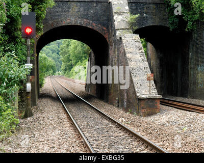 Vista lungo il treno via sotto l acquedotto a Avoncliff, Bradford on Avon, Wiltshire, Regno Unito Foto Stock