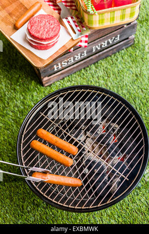 Picnic estivo con piccola griglia a carbone nel parco. Foto Stock