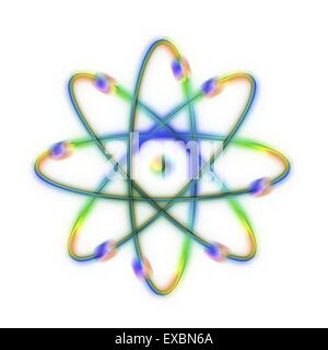 Struttura atomica. Calcolatore concettuale illustrazione che rappresenta la struttura di un atomo. Otto gli elettroni sono visto che orbita intorno al Foto Stock