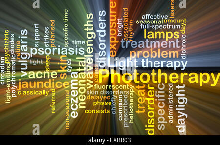 Concetto di sfondo wordcloud illustrazione della fototerapia luce incandescente Foto Stock