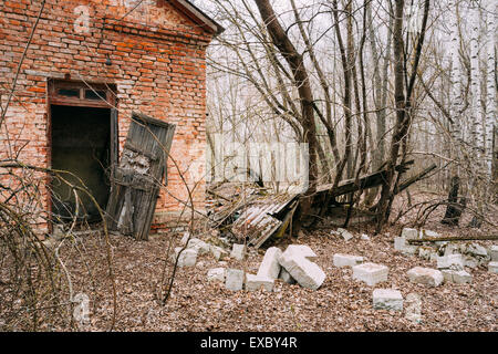 Capannone abbandonato in bielorusso village. Disastri Cernobyl. Queste abitazioni abbandonate e interi villaggi devono essere smaltiti Foto Stock