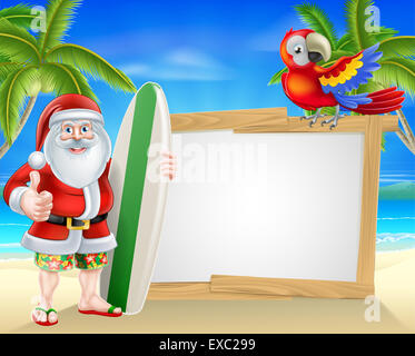 Cartoon di Santa in possesso di una tavola da surf e dando un pollice in alto nella sua scheda di Hawaiian shorts e flip flop sandali davanti a un si Foto Stock