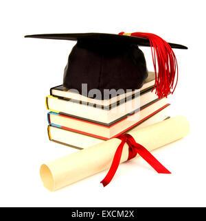 Graduazione con cappuccio rosso fiocco, Libri e diploma Foto Stock