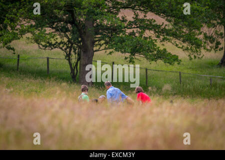 Le famiglie per godersi la natura in un campo estivo, nello Yorkshire, Regno Unito Foto Stock