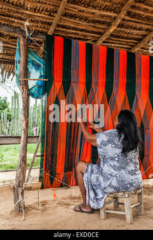 Anziani Wayuu donna indigena la tessitura di una 'chinchorro' o amaca colombiana. Lavorazione a maglia, a crochet e tessitura sono fondamentali per Foto Stock