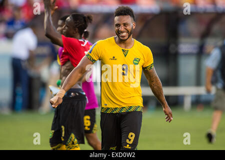 Houston, Texas, Stati Uniti d'America. 11 Luglio, 2015. Giamaica avanti Giles Barnes (9) sorride dopo un international CONCACAF Gold Cup Soccer match tra il Canada e la Giamaica Presso BBVA Compass Stadium di Houston, TX. La Giamaica ha vinto 1-0. Credito: Cal Sport Media/Alamy Live News Foto Stock