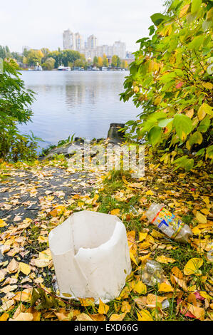 Kiev - Ucraina,- Settembre,11 2009: Cestino vicino al fiume Dnieper a Kiev. In Ucraina un sacco di persone che non hanno alcuna educat ecologico Foto Stock