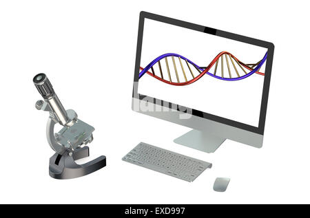 Microscopio e concetto di computer isolati su sfondo bianco Foto Stock