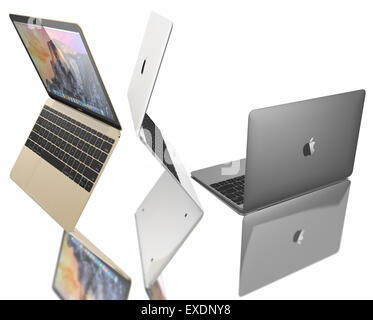 Argento nuovo MacBook visualizzazione OS X Yosemite. Esso ha un 12 pollici display Retina con una risoluzione di 2304 x 1440. Foto Stock