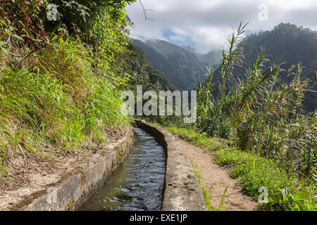 Levada, canale di irrigazione con un percorso a piedi attraverso le montagne a Isola di Madeira, Portogallo Foto Stock