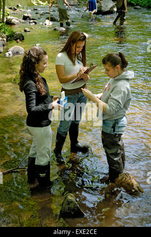 L'adolescente di sesso femminile di alta scuola gli studenti in gita sul fiume di test per gli indicatori chimici della qualità dell'acqua, New Jersey Foto Stock