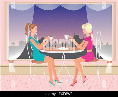 Tagliare le ragazze in seduta shop cafe e bere il tè Illustrazione Vettoriale