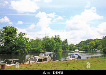 Una vista del fiume y vengono su Norfolk Broads da Bramerton comune, vicino a Norwich, Norfolk, Inghilterra, Regno Unito. Foto Stock