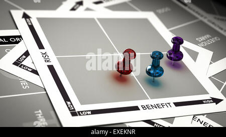 Rischio rispetto alla matrice di valore con le puntine e effetto di sfocatura. Concetto di investimento la valutazione del rischio. Foto Stock