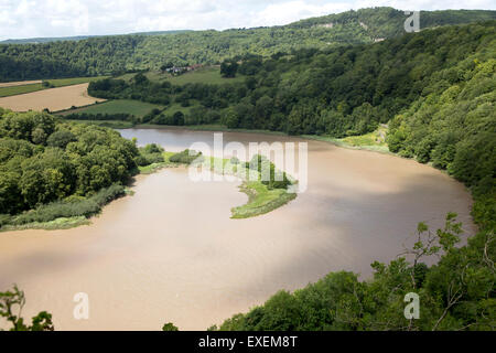 Vista nord verso Lancaut su incisa meandro, gorge e fiume allo spiedo, fiume Wye, vicino a Chepstow, Monmouthshire, Wales, Regno Unito Foto Stock