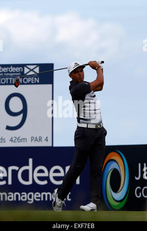 Gullane Golf Club, Aberdeen Scotland. 11 Luglio, 2015. Aberdeen Asset Management Scottish Open Golf Tournament, 3° round. Ricky Fowler la guida dal 9 tee © Azione Sport Plus/Alamy Live News Foto Stock