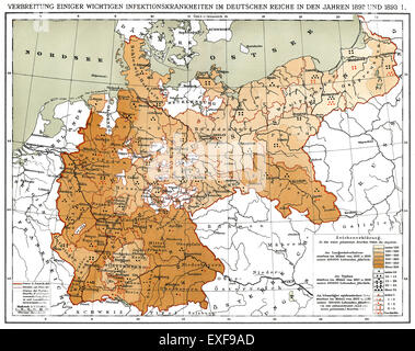 Mappa storica, la diffusione delle malattie infettive in Impero tedesco nel 1892 e 1893, Foto Stock