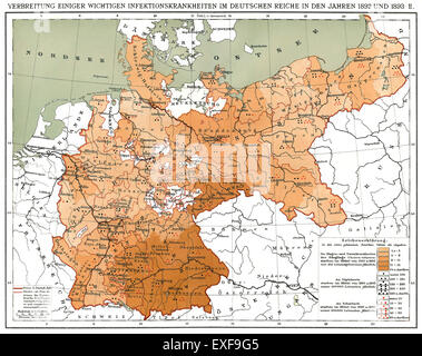 Mappa storica, la diffusione delle malattie infettive in Impero tedesco nel 1892 e 1893 Foto Stock