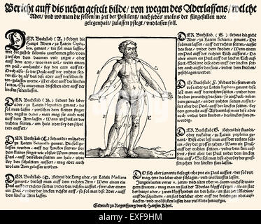 Trattamento di medicina, vita toccare Pannello per trattare la peste, xilografia, 1555, Foto Stock