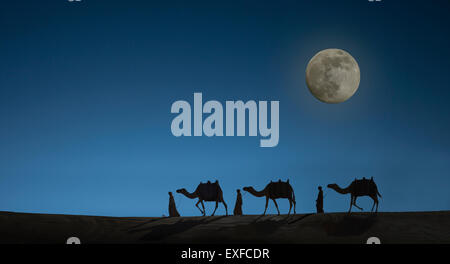 Camel caravan con il cielo notturno e luna piena, Dubai, Emirati Arabi Uniti Foto Stock