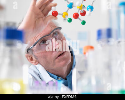 Scienziato visualizzazione modello molecolare di una formula chimica in laboratorio Foto Stock