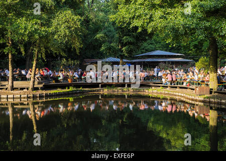 Occupato del giardino della birra in estate presso il Cafe am Neuen vedere nel parco Tiergarten di Berlino Germania Foto Stock