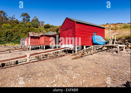 Boatsheds, Halfmoon Bay, Stewart Island in Nuova Zelanda Foto Stock