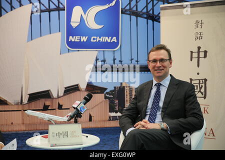 Sydney, Australia. 10 Luglio, 2015. Tourism Australia Amministratore delegato Giovanni O'Sullivan è visto in Xinhua il "parlare con la Cina" mostra a Sydney in Australia, 10 luglio 2015. Un cambiamento fondamentale si svolge nel turismo australiano ed è guidato dalla Cina, John O'Sullivan ha riferito Xinhua. © Li Bing/Xinhua/Alamy Live News Foto Stock