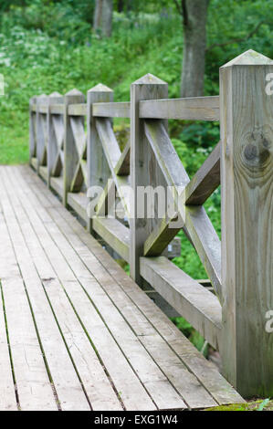 Ringhiera e recinzione di ponte di legno nel parco Foto Stock