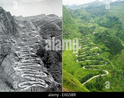 (150714) -- PECHINO, luglio 14, 2015 (Xinhua) -- COMBINAZIONE mostra fotografica di file foto (sinistra) del cielo modo '24 Zig" adottate nel marzo 1945 sul Stilwell Road in Qinglong County, a sud-ovest della Cina di Guizhou e foto (a destra) dello stesso luogo prese il 24 giugno 2015. Settanta anni dopo il popolo cinese la guerra di resistenza contro l'Aggressione giapponese, Xinhua giornalisti recentemente ri-visitato il Stilwell Road che collega a sud-ovest della Cina di Yunnan e Myanmar, noto anche come la Birmania Road, su quali armi, munizioni, cibo e altri male materiali necessari sono stati portati dai carrelli DEGLI STATI UNITI verso la Cina per figh Foto Stock