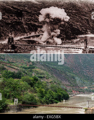 (150714) -- PECHINO, luglio 14, 2015 (Xinhua) -- COMBINAZIONE foto mostra un file foto copia (superiore) dell'Huitong ponte lungo la strada Stilwell nel sud-ovest della Cina di Provincia di Yunnan e foto (inferiore) dello stesso luogo prese il 6 luglio 2015. Donato da Overseas Chinese da Baoshan della provincia dello Yunnan, Ponte Huitong ha svolto un ruolo di collegamento Baoshan e Longling, che si trova sul lato orientale e le banche occidentali del fiume Nujiang rispettivamente, quando la Stilwell Road è stata costruita nel 1938. Settanta anni dopo il popolo cinese la guerra di resistenza contro l'Aggressione giapponese, Xinhua giornalisti recenti Foto Stock